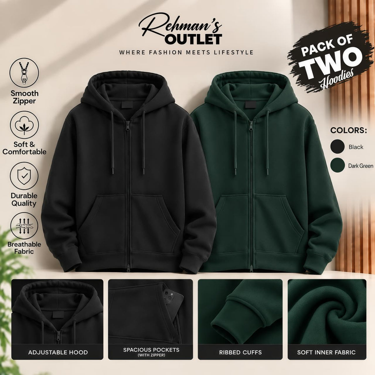 Pack of two zipper hoodies- Black and Dark Green
