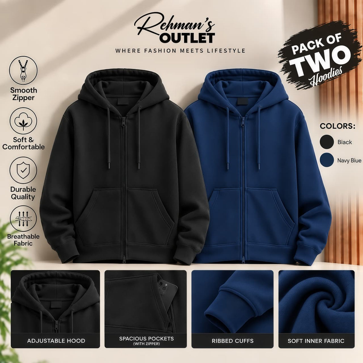 Pack of two zipper hoodies- Black and Navy Blue