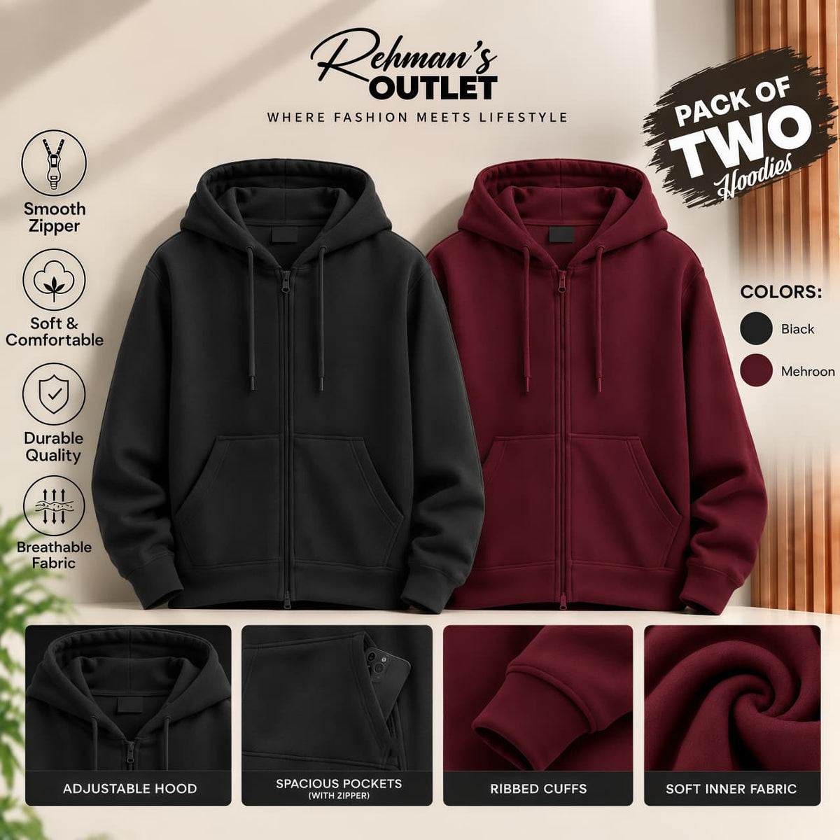 Pack of two zipper hoodies- Black and Mehroon