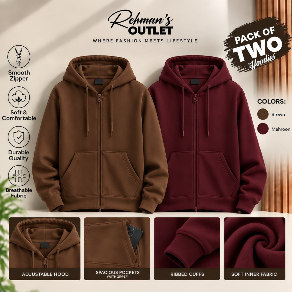Pack of two zipper hoodies- Brown and Mehroon