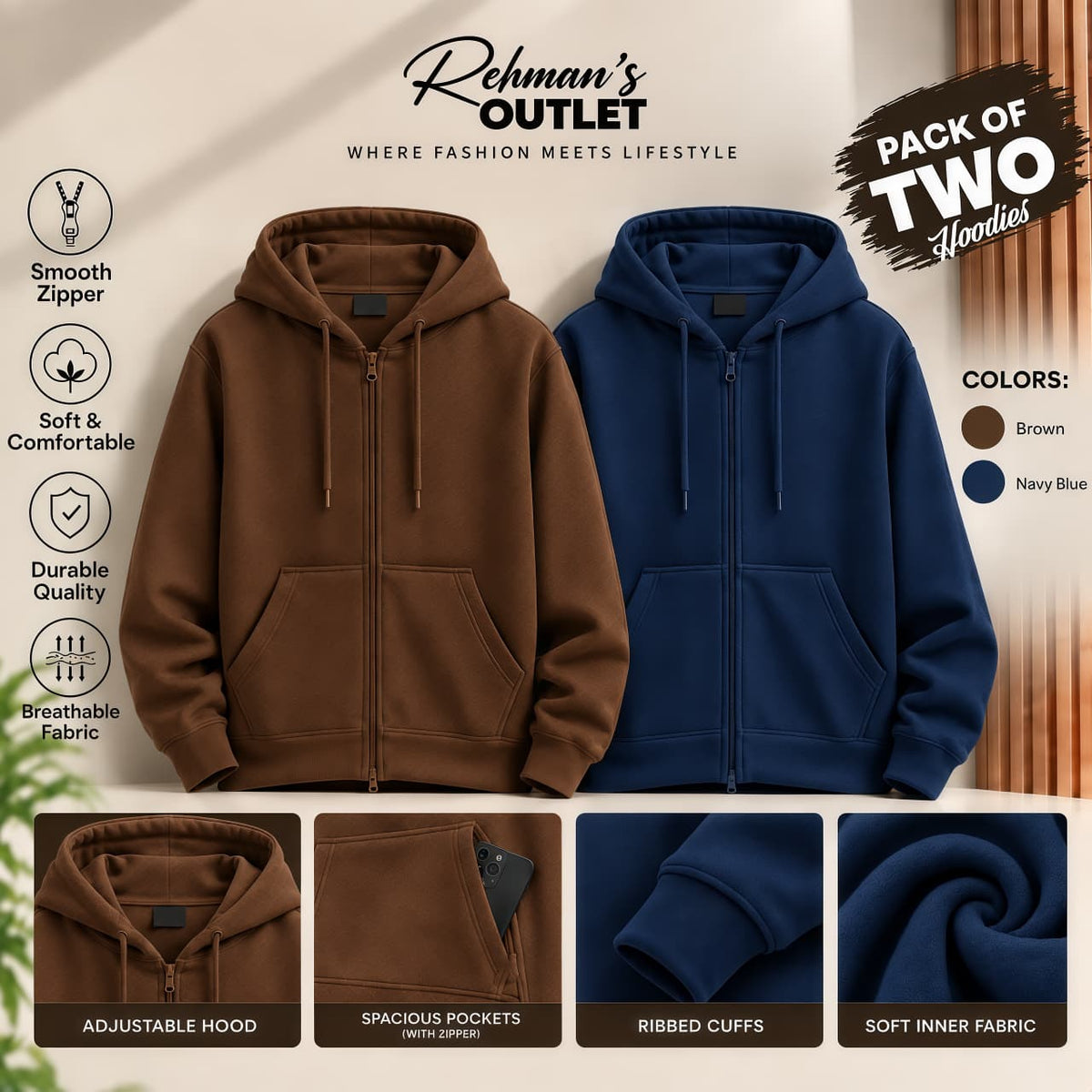 Pack of two zipper hoodies- Brown and Navy Blue