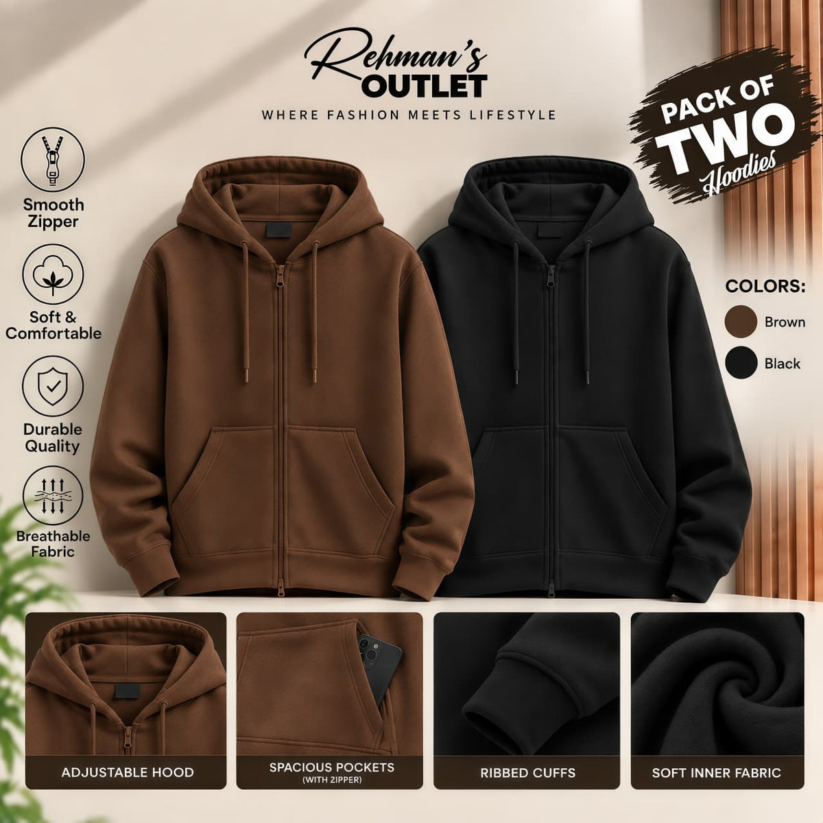 Pack of two zipper hoodies- Brown and Black