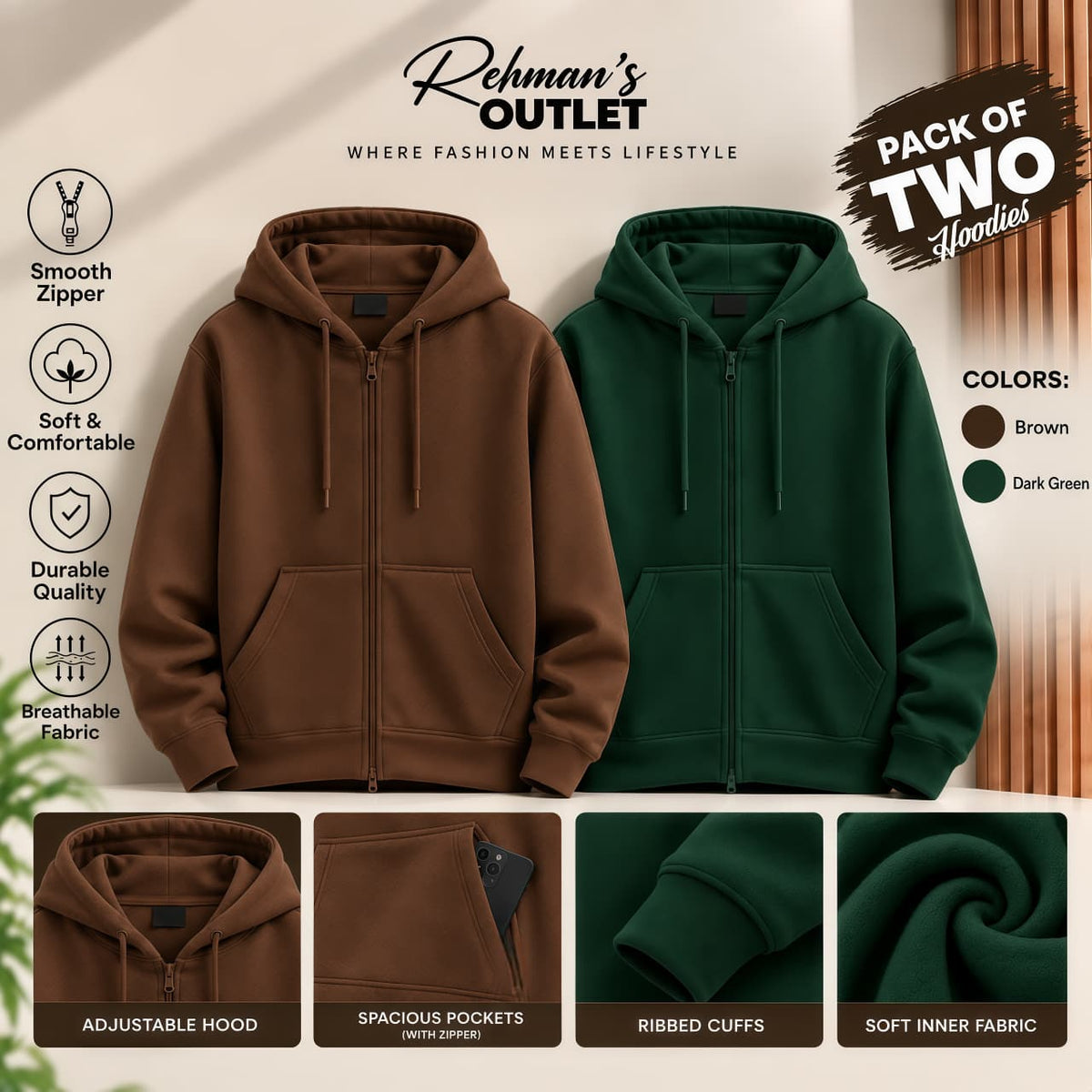 Pack of two zipper hoodies- Brown and Dark Green