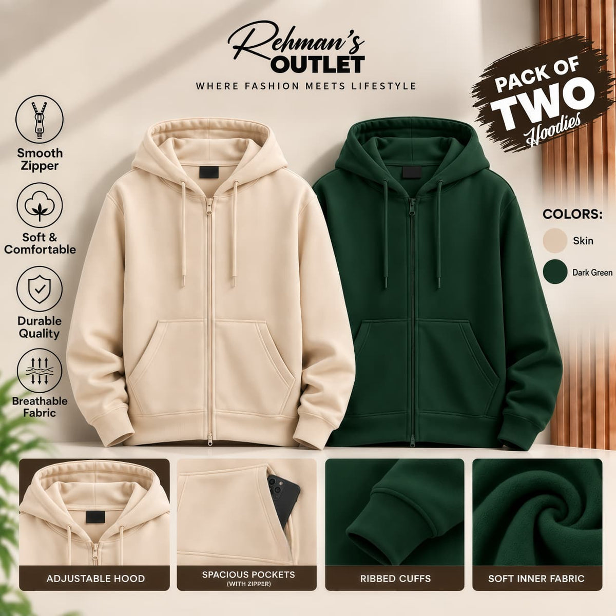 Pack of two zipper hoodies- Skin and Dark Green