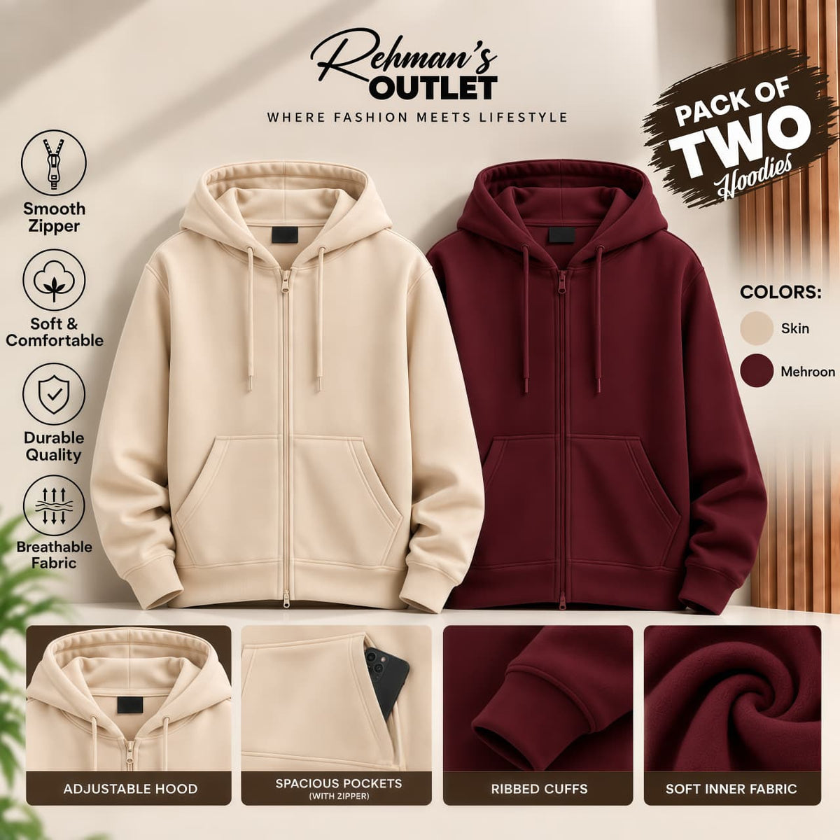 Pack of two zipper hoodies- Skin and Mehroon