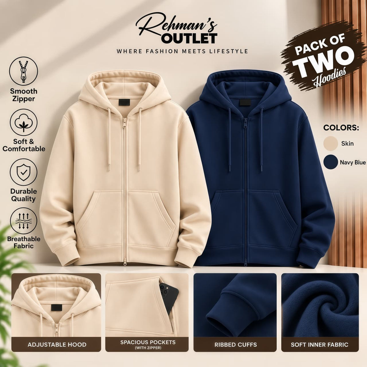 Pack of two zipper hoodies- Skin and Navy Blue