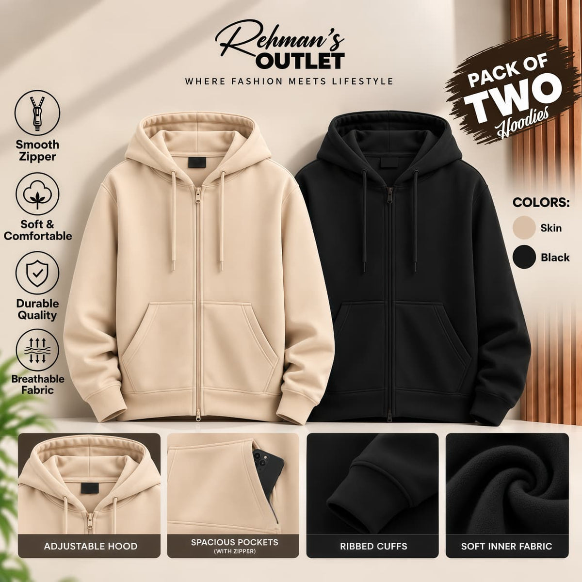 Pack of two zipper hoodies- Skin and Black