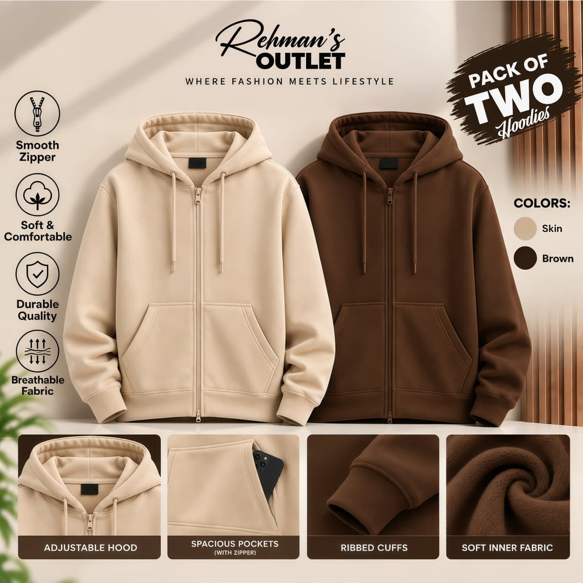 Pack of two zipper hoodies- Skin and Brown