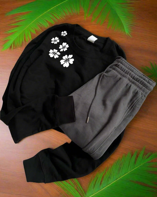 Black sweatshirt with shoulder flowers bare charcoal trouser