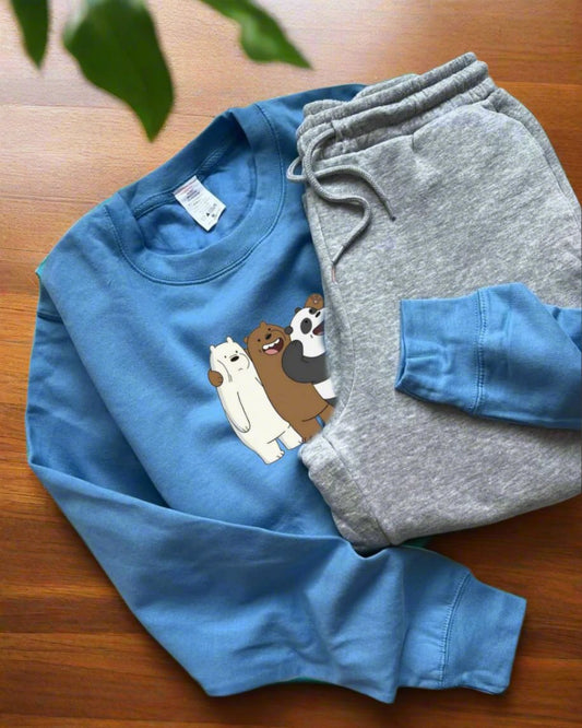 Sky blue sweatshirt with 3 bear taking selfie Grey trouser