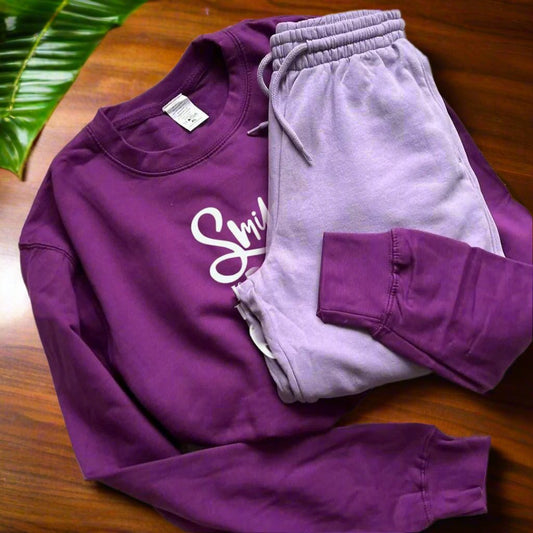 Purple sweatshirt with smile is your best outfit lilac flapper