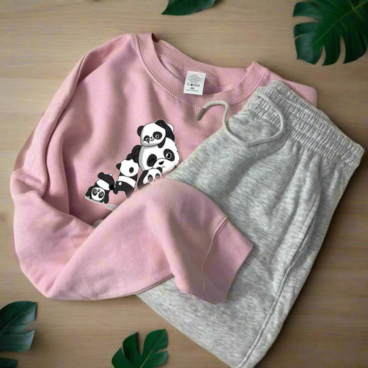 Pink sweatshirt with panda family Grey trouser