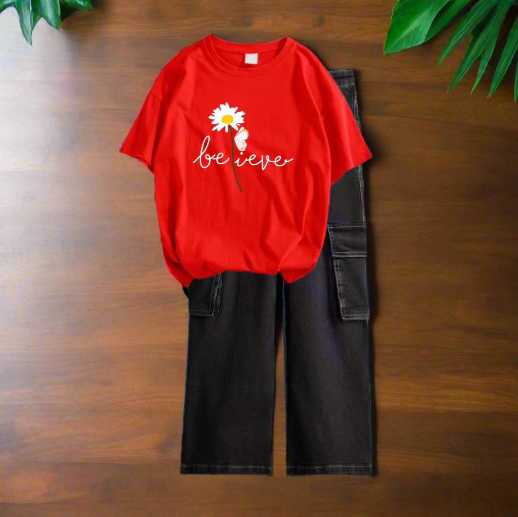 Believe flower red tshirt, black cargo jeans