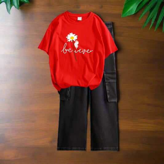 Believe flower red tshirt, black cargo jeans